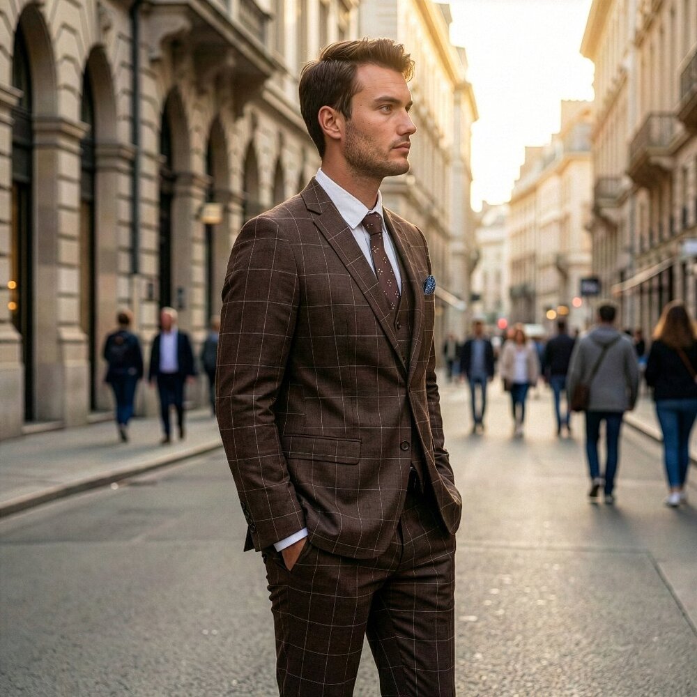 New 2026 Mens 3pc Windowpane Brown Suit Set, Hybrid Fit (H2) - Picture 2 of 3